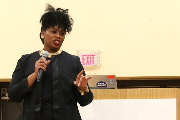 Brandy Lovelady Mitchell talked to the assembled students about her own high school journey, including her 1991 graduation from Ottawa Hills High School