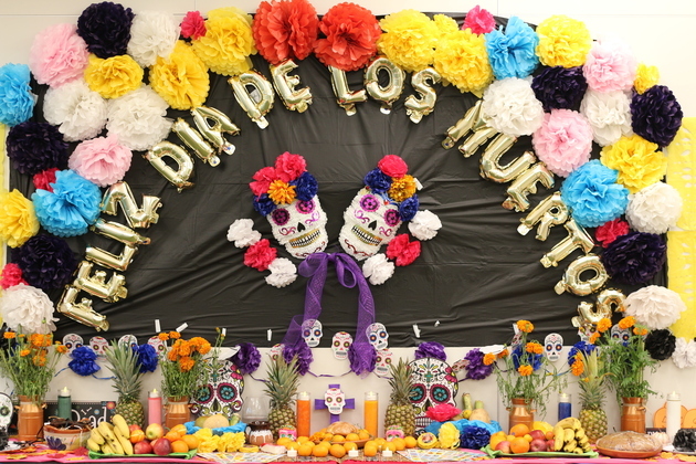 Elements on an altar at Southwest Middle High School - Academia Bilingüe for the Day of the Dead or Día de los Muertos.