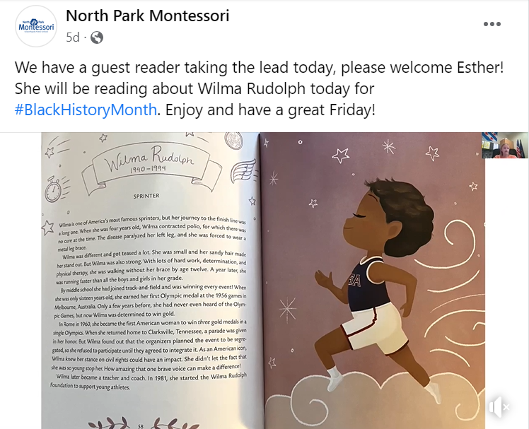 A screenshot of North Park Montessori’s Facebook page and a recent reading by one of the school’s scholars
