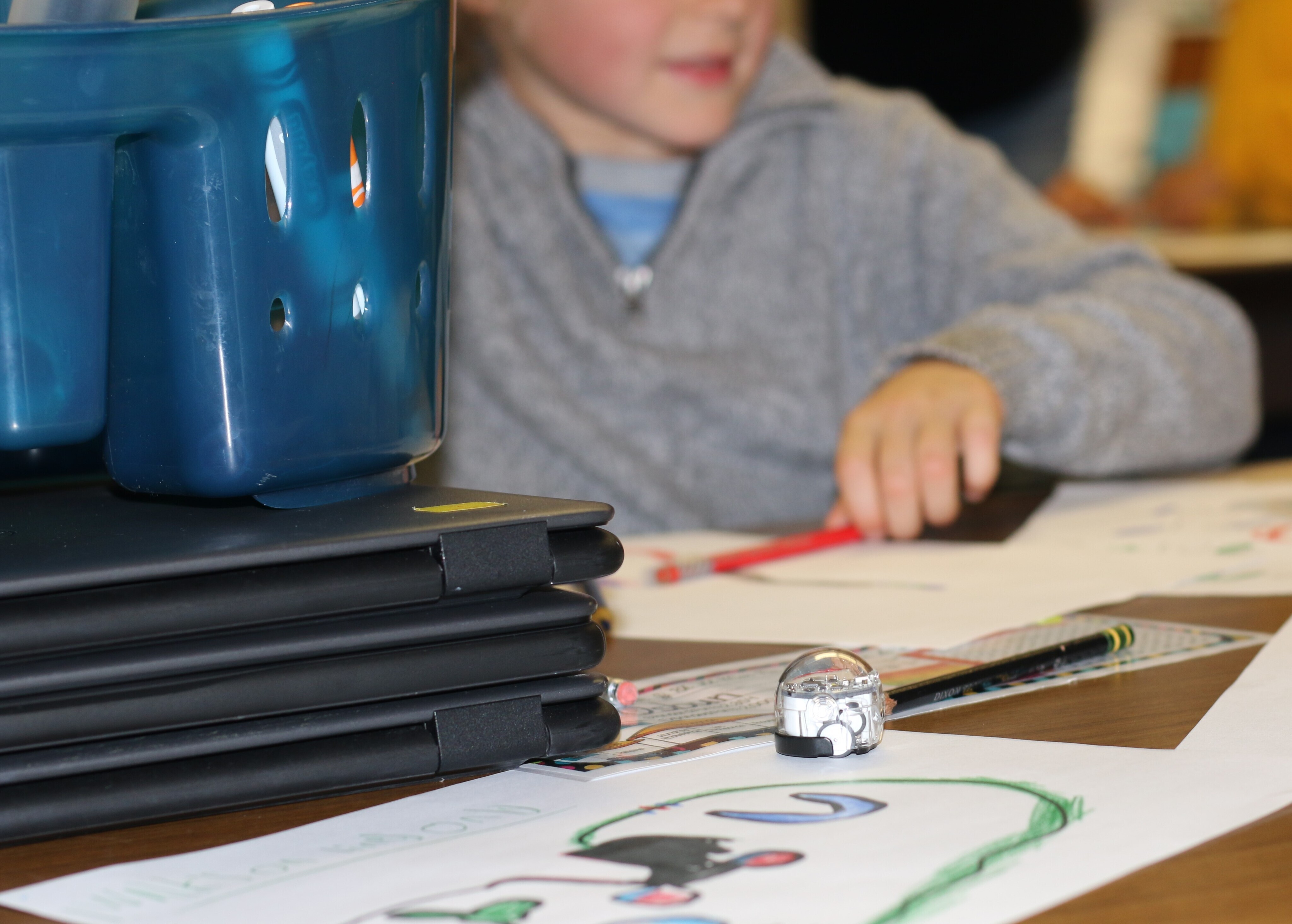 An Ozobot ready to roll during the Shawmut Hills robot party